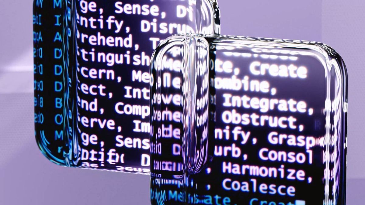 Abstract 3D glass blocks displaying AI-related action words